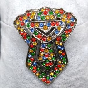 Antique Multicolored Dress Clip, Green Red Yellow Rhinestones, Pot Metal, 1920s